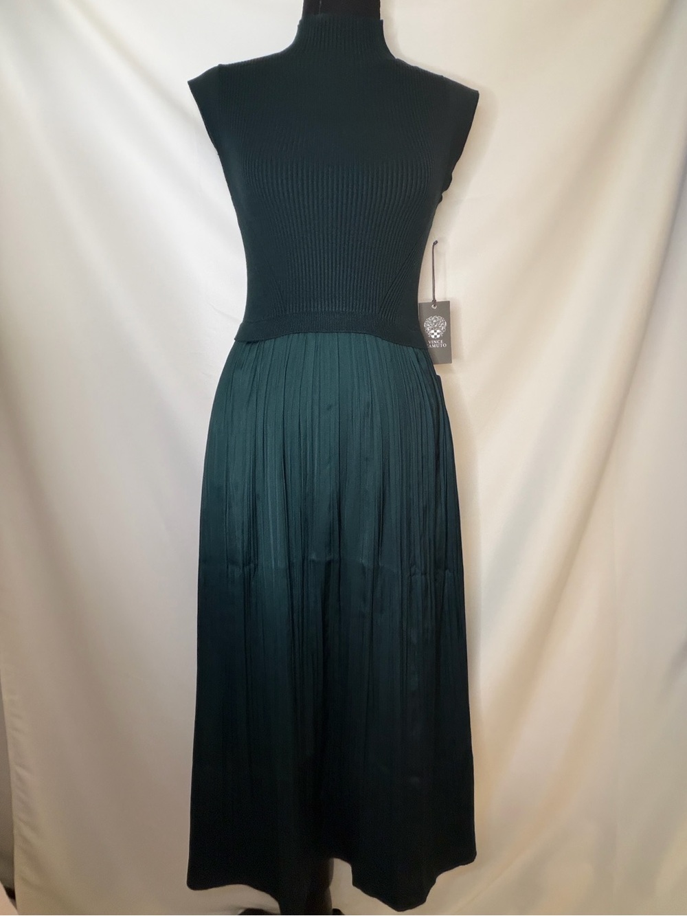 HUNTER GREEN VINCE CAMUTO MIXED MEDIA SWEATER SATIN DROP WAIST MIDI DRESS